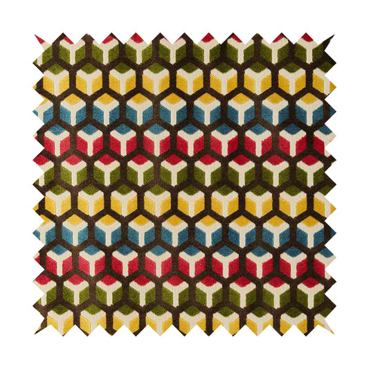 Ziani Geometric Hexagon Pattern In Vibrant Green Pink Yellow Brown Colour Velvet Upholstery Fabric JO-34