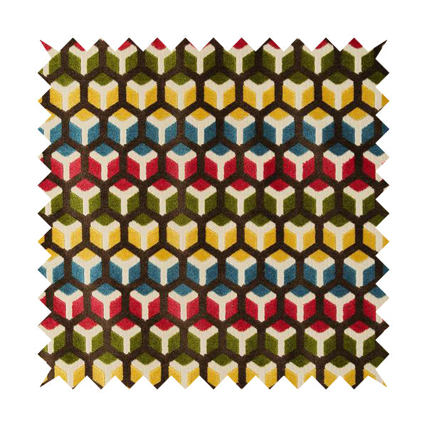 Ziani Geometric Hexagon Pattern In Vibrant Green Pink Yellow Brown Colour Velvet Upholstery Fabric JO-34 - Made To Measure Curtains