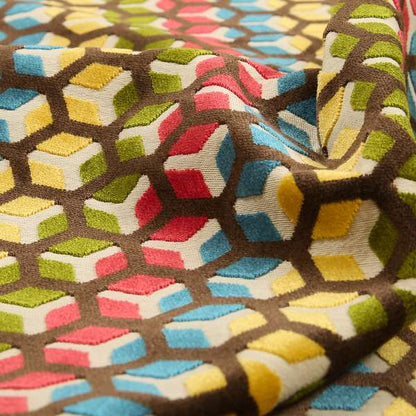 Ziani Geometric Hexagon Pattern In Vibrant Green Pink Yellow Brown Colour Velvet Upholstery Fabric JO-34 - Roman Blinds