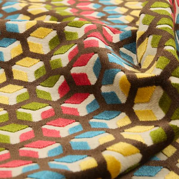 Ziani Geometric Hexagon Pattern In Vibrant Green Pink Yellow Brown Colour Velvet Upholstery Fabric JO-34