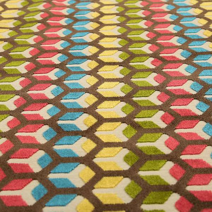 Ziani Geometric Hexagon Pattern In Vibrant Green Pink Yellow Brown Colour Velvet Upholstery Fabric JO-34