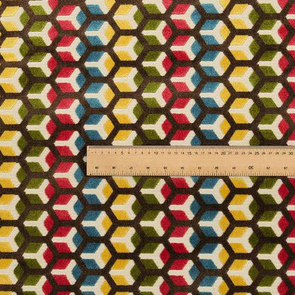 Ziani Geometric Hexagon Pattern In Vibrant Green Pink Yellow Brown Colour Velvet Upholstery Fabric JO-34 - Roman Blinds