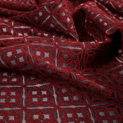 Azima Small Medallion Geometric Pattern Red Silver Shine Upholstery Fabric JO-340 - Roman Blinds