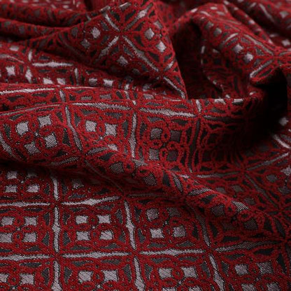 Azima Small Medallion Geometric Pattern Red Silver Shine Upholstery Fabric JO-340