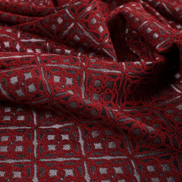 Azima Small Medallion Geometric Pattern Red Silver Shine Upholstery Fabric JO-340 - Made To Measure Curtains