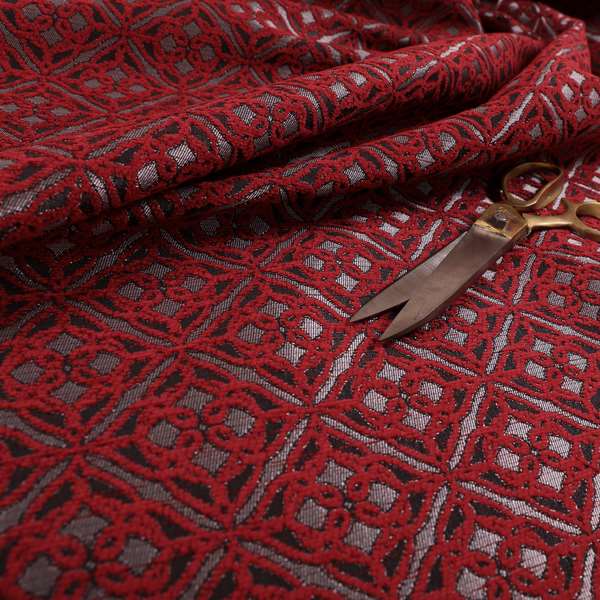 Azima Small Medallion Geometric Pattern Red Silver Shine Upholstery Fabric JO-340 - Roman Blinds