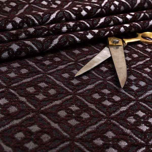 Azima Small Medallion Geometric Pattern Burgundy Plum Silver Shine Upholstery Fabric JO-341 - Roman Blinds