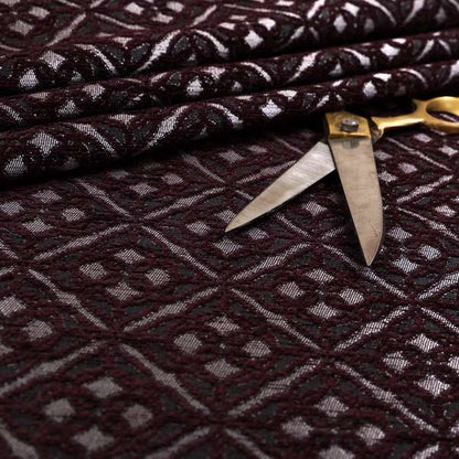 Azima Small Medallion Geometric Pattern Burgundy Plum Silver Shine Upholstery Fabric JO-341