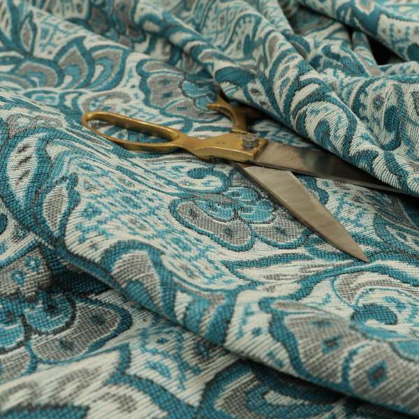 Otega Jacquard Quality Soft Floral Pattern Blue Grey Colour Designer Fabric JO-342 - Roman Blinds