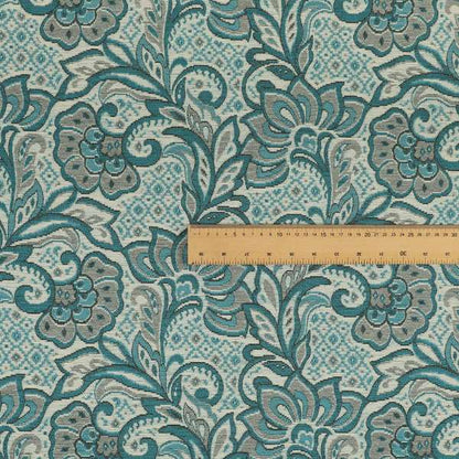 Otega Jacquard Quality Soft Floral Pattern Blue Grey Colour Designer Fabric JO-342 - Made To Measure Curtains