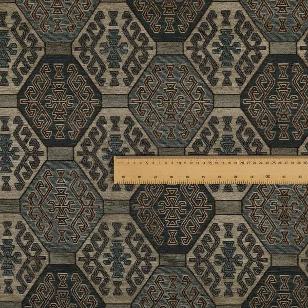 Mirador Medallion Pattern In Navy Blue Brown Colour Interior Fabrics JO-347 - Made To Measure Curtains