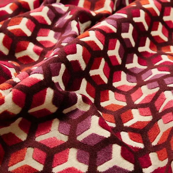 Ziani Geometric Hexagon Pattern In Vibrant Pink Mulberry Orange Purple Colour Velvet Upholstery Fabric JO-35