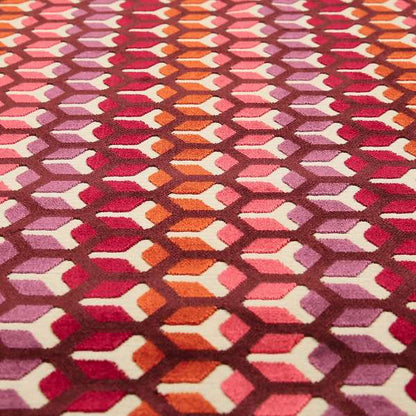 Ziani Geometric Hexagon Pattern In Vibrant Pink Mulberry Orange Purple Colour Velvet Upholstery Fabric JO-35 - Roman Blinds