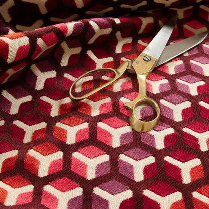 Ziani Geometric Hexagon Pattern In Vibrant Pink Mulberry Orange Purple Colour Velvet Upholstery Fabric JO-35 - Roman Blinds