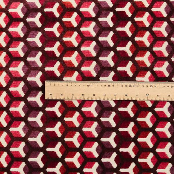 Ziani Geometric Hexagon Pattern In Vibrant Pink Mulberry Orange Purple Colour Velvet Upholstery Fabric JO-35 - Roman Blinds