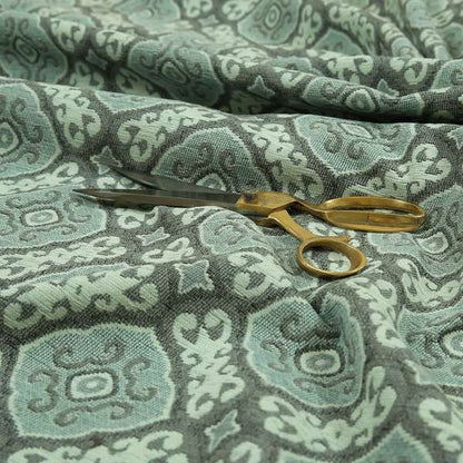 Azejulos Medallion Pattern Grey Green Colour Soft Woven Chenille Upholstery Fabric JO-36 - Made To Measure Curtains