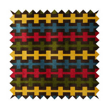 Ziani Geometric Arcade Pattern In Vibrant Green Pink Yellow Brown Colour Velvet Upholstery Fabric JO-37 - Roman Blinds