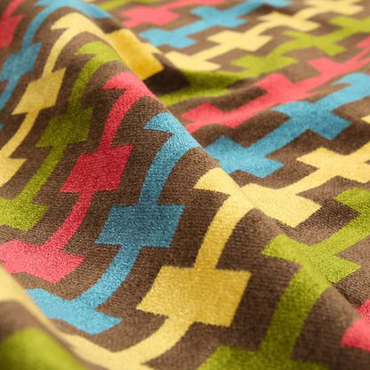 Ziani Geometric Arcade Pattern In Vibrant Green Pink Yellow Brown Colour Velvet Upholstery Fabric JO-37 - Roman Blinds