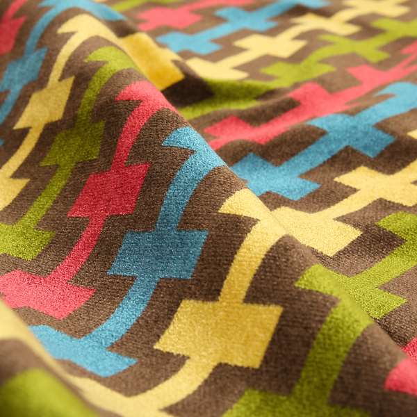 Ziani Geometric Arcade Pattern In Vibrant Green Pink Yellow Brown Colour Velvet Upholstery Fabric JO-37 - Handmade Cushions