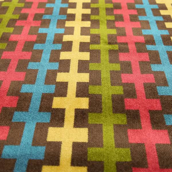 Ziani Geometric Arcade Pattern In Vibrant Green Pink Yellow Brown Colour Velvet Upholstery Fabric JO-37 - Roman Blinds