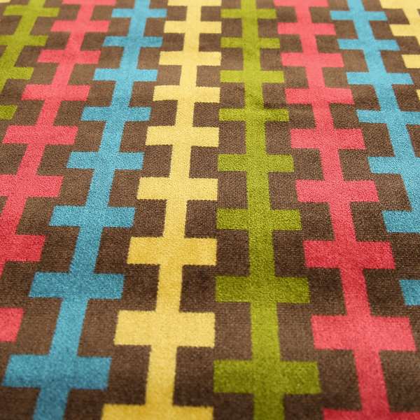 Ziani Geometric Arcade Pattern In Vibrant Green Pink Yellow Brown Colour Velvet Upholstery Fabric JO-37