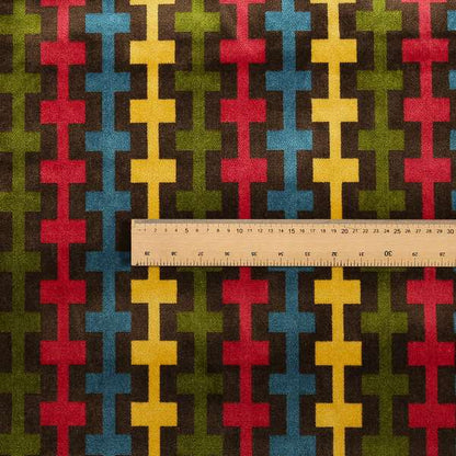 Ziani Geometric Arcade Pattern In Vibrant Green Pink Yellow Brown Colour Velvet Upholstery Fabric JO-37