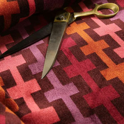 Ziani Geometric Arcade Pattern In Vibrant Pink Mulberry Orange Purple Colour Velvet Upholstery Fabric JO-37A - Made To Measure Curtains