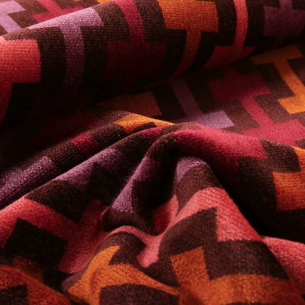 Ziani Geometric Arcade Pattern In Vibrant Pink Mulberry Orange Purple Colour Velvet Upholstery Fabric JO-37A - Made To Measure Curtains