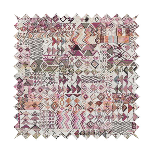 Madagascar African Tribal Inspired Pink Patchwork Small Motifs Pattern Interior Fabrics JO-380 - Made To Measure Curtains