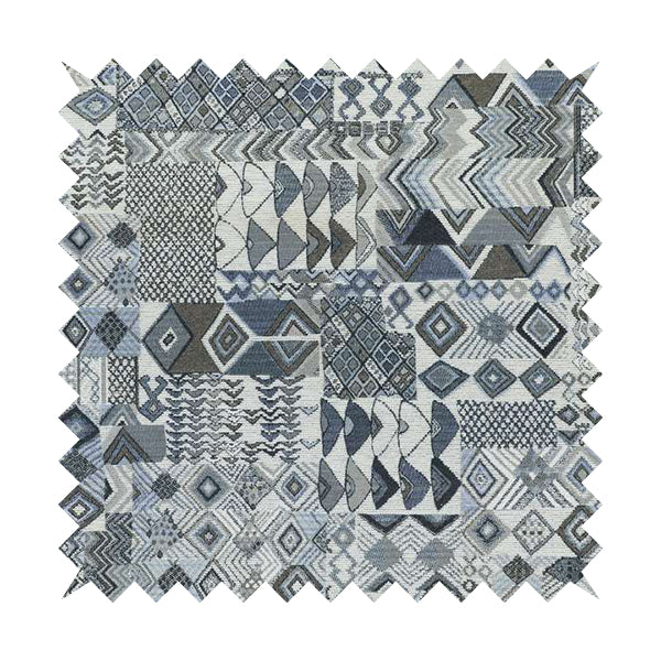 Madagascar African Tribal Inspired Blue Patchwork Small Motifs Pattern Interior Fabrics JO-381 - Made To Measure Curtains