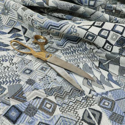 Madagascar African Tribal Inspired Blue Patchwork Small Motifs Pattern Interior Fabrics JO-381 - Made To Measure Curtains