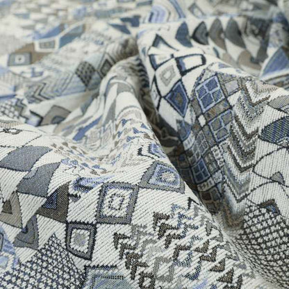 Madagascar African Tribal Inspired Blue Patchwork Small Motifs Pattern Interior Fabrics JO-381 - Made To Measure Curtains