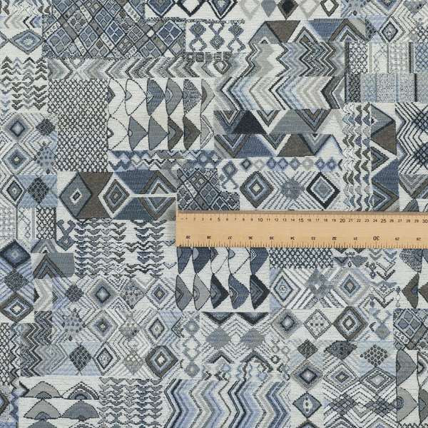 Madagascar African Tribal Inspired Blue Patchwork Small Motifs Pattern Interior Fabrics JO-381 - Made To Measure Curtains