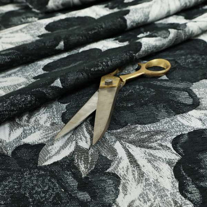 Bloomsbury Floral Pattern Weaves Shiny Black Quality Furnishing Fabric JO-387 - Made To Measure Curtains