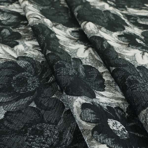 Bloomsbury Floral Pattern Weaves Shiny Black Quality Furnishing Fabric JO-387 - Made To Measure Curtains