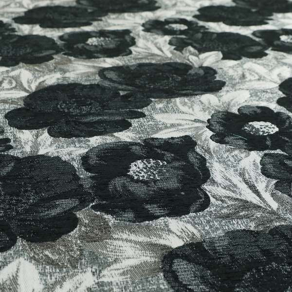 Bloomsbury Floral Pattern Weaves Shiny Black Quality Furnishing Fabric JO-387 - Made To Measure Curtains