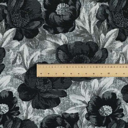 Bloomsbury Floral Pattern Weaves Shiny Black Quality Furnishing Fabric JO-387 - Made To Measure Curtains