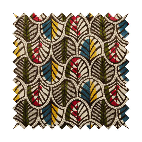 Ziani Anthemion Leaf Pattern In Vibrant Green Pink Yellow Brown Colour Velvet Upholstery Fabric JO-39 - Roman Blinds