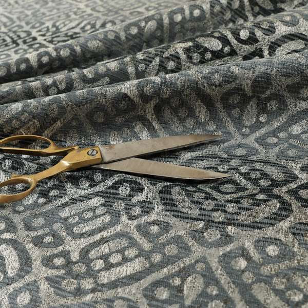 Lomasi Metallic Tones Fabric Gun Metal Grey Portuguese Medallion Pattern Designer Fabric JO-397 - Made To Measure Curtains