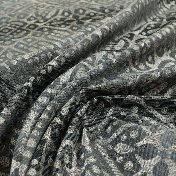 Lomasi Metallic Tones Fabric Gun Metal Grey Portuguese Medallion Pattern Designer Fabric JO-397 - Made To Measure Curtains