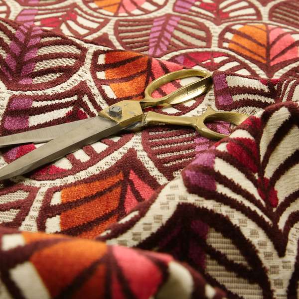 Ziani Anthemion Leaf Pattern In Vibrant Purple Orange Pink Colour Velvet Upholstery Fabric JO-40