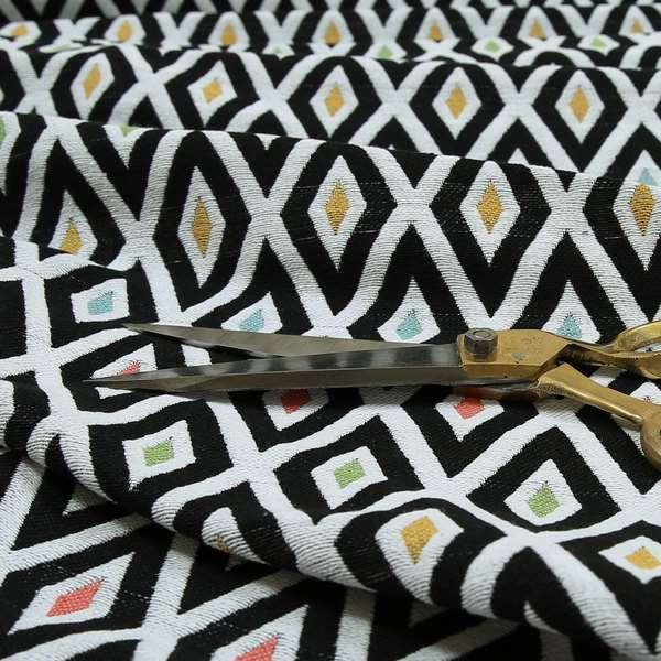 Uzbek Decorative Geometric Diamond Design Black White Green Yellow Blue Red Colour Soft Chenille Upholstery Fabric JO-401