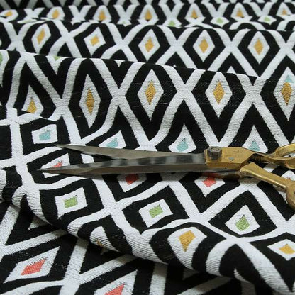 Uzbek Decorative Geometric Diamond Design Black White Green Yellow Blue Red Colour Soft Chenille Upholstery Fabric JO-401 - Made To Measure Curtains