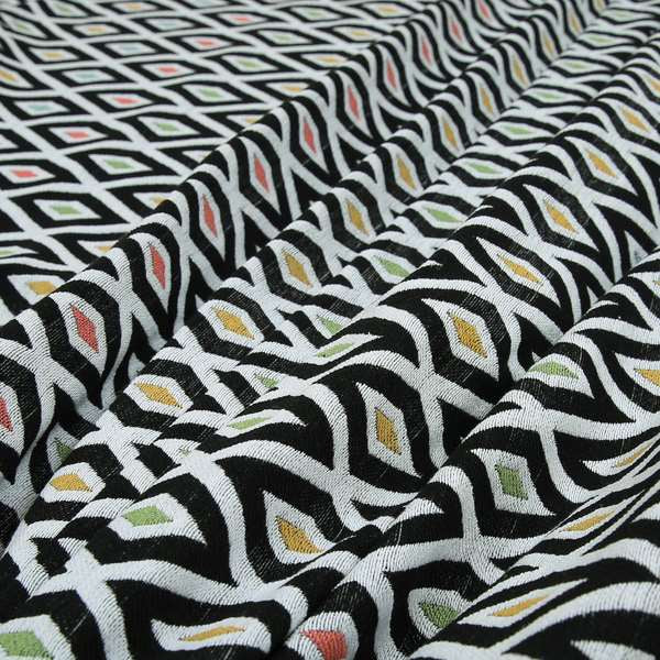 Uzbek Decorative Geometric Diamond Design Black White Green Yellow Blue Red Colour Soft Chenille Upholstery Fabric JO-401 - Made To Measure Curtains