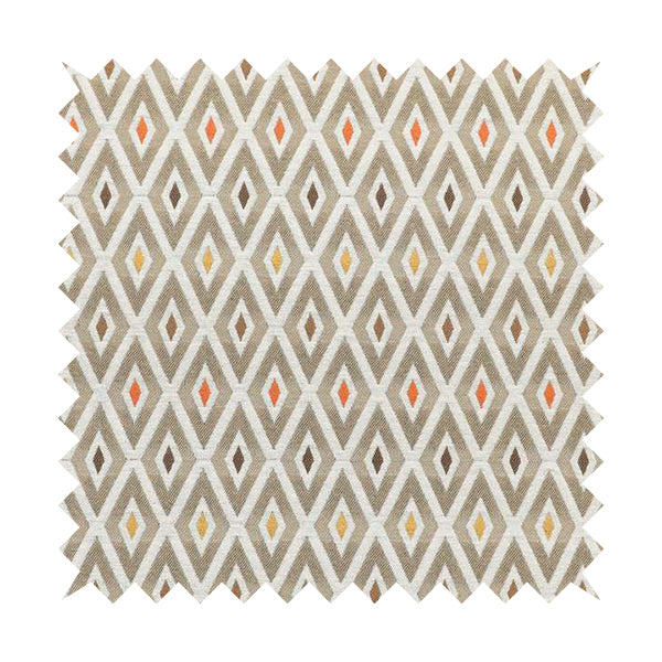 Uzbek Decorative Geometric Diamond Design Brown White Yellow Orange Colour Soft Chenille Upholstery Fabric JO-402 - Made To Measure Curtains