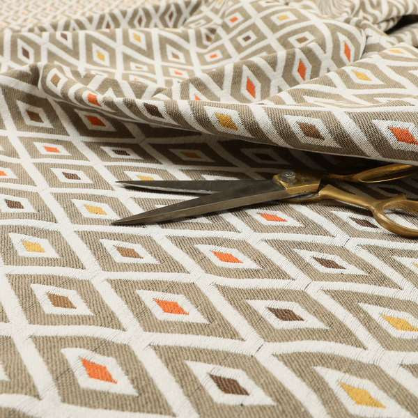 Uzbek Decorative Geometric Diamond Design Brown White Yellow Orange Colour Soft Chenille Upholstery Fabric JO-402 - Made To Measure Curtains