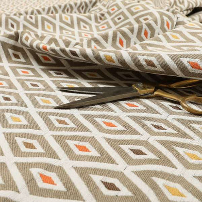 Uzbek Decorative Geometric Diamond Design Brown White Yellow Orange Colour Soft Chenille Upholstery Fabric JO-402 - Handmade Cushions