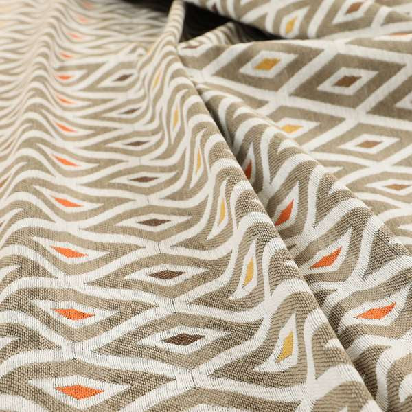 Uzbek Decorative Geometric Diamond Design Brown White Yellow Orange Colour Soft Chenille Upholstery Fabric JO-402 - Made To Measure Curtains