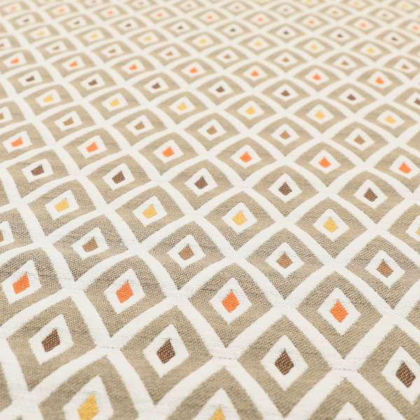 Uzbek Decorative Geometric Diamond Design Brown White Yellow Orange Colour Soft Chenille Upholstery Fabric JO-402 - Made To Measure Curtains