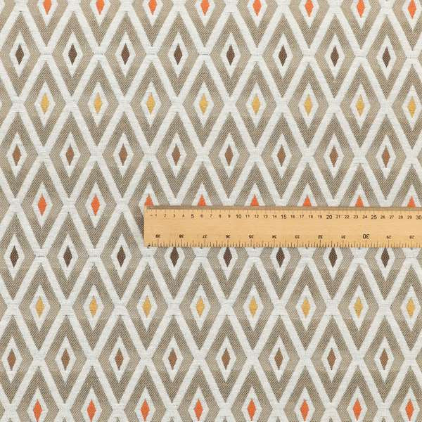 Uzbek Decorative Geometric Diamond Design Brown White Yellow Orange Colour Soft Chenille Upholstery Fabric JO-402 - Made To Measure Curtains